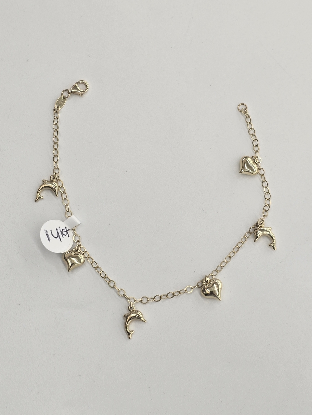 14kt Real Gold Hearts And Dolphins Charms Bracelet